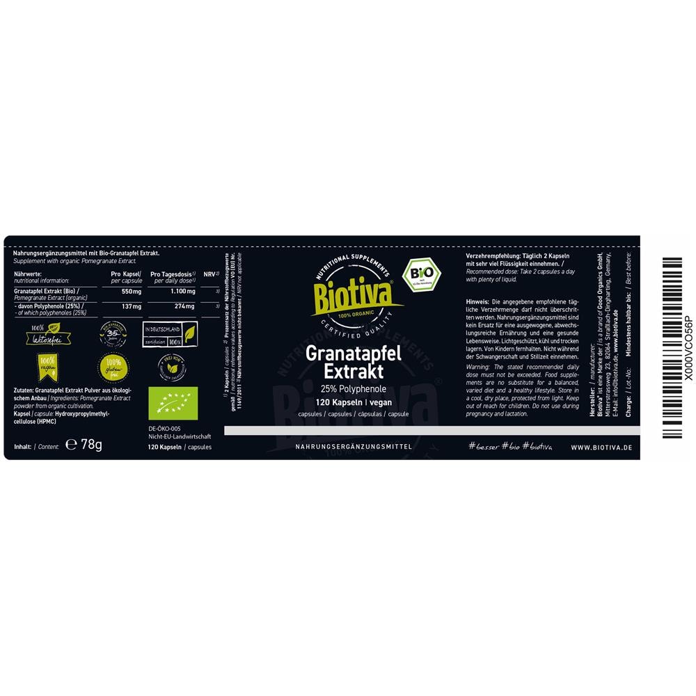 Melograno Estratto Bio - 120 Capsule Vegane A 550mg - Alta Dosa - 25% Polifenoli - Offerta Di Lancio - Punica Granatum - Imbottigliato E Controllato In Germania (de-eco-005)  - Foto 2