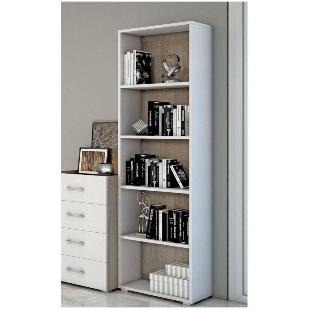 Libreria Girasole, Biblioteca A 4 Ripiani Regolabili, Scaffale Per Libri, Mobile Da Parete Con Ripiani, 100% Made In Italy, 60x30h195 Cm, Bianco E Rovere - Foto 1