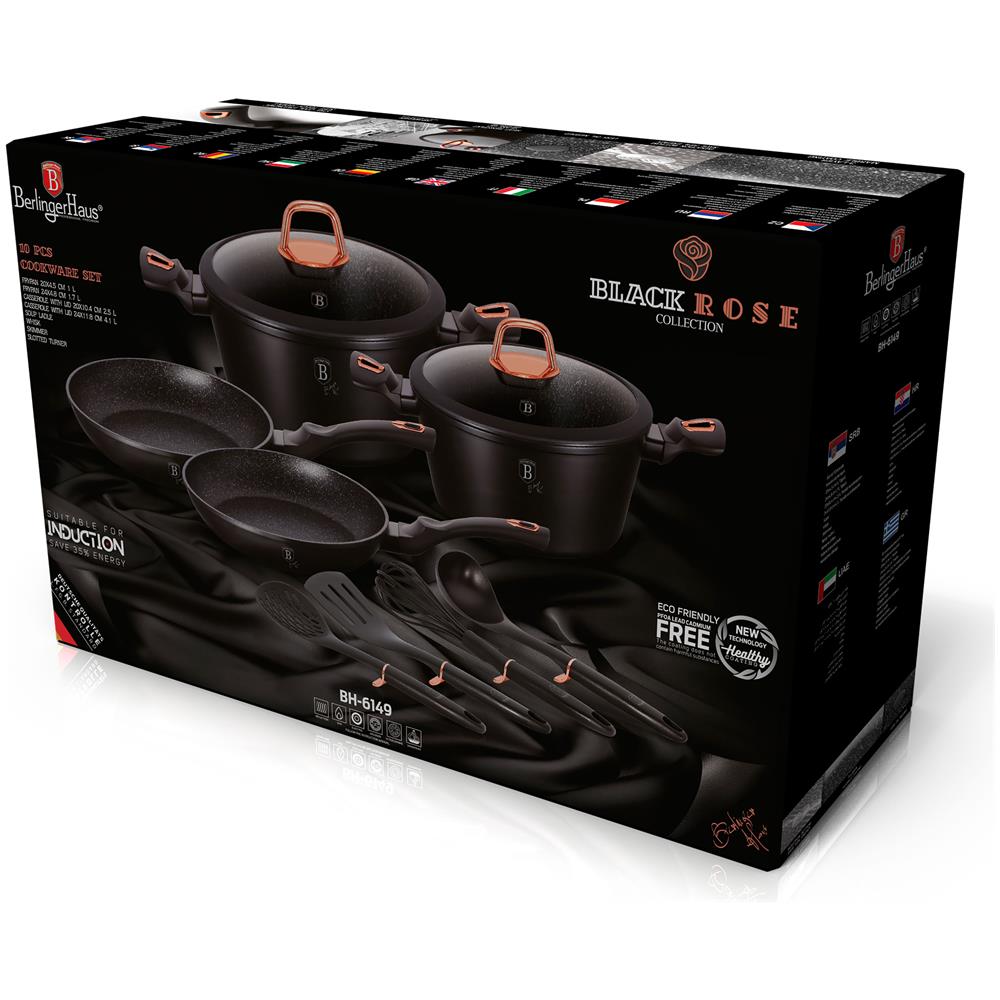 Black Rose Set Di Pentole Induzione 10-piece Alluminio Antiaderente 2 Casseruoli 2 Padelle Nero - Foto 2