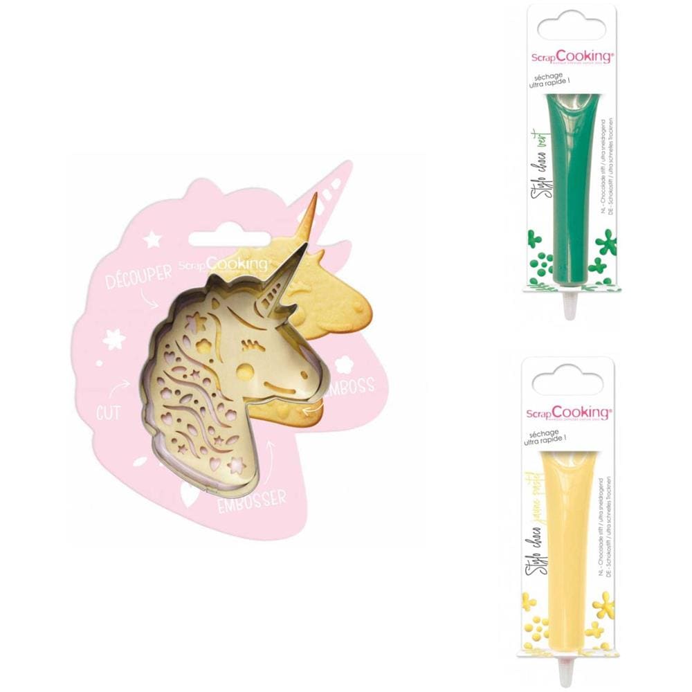 Kit Biscotti Unicorn Relief + 2 Penne Al Cioccolato Verde E Giallo Pastello - Foto 1