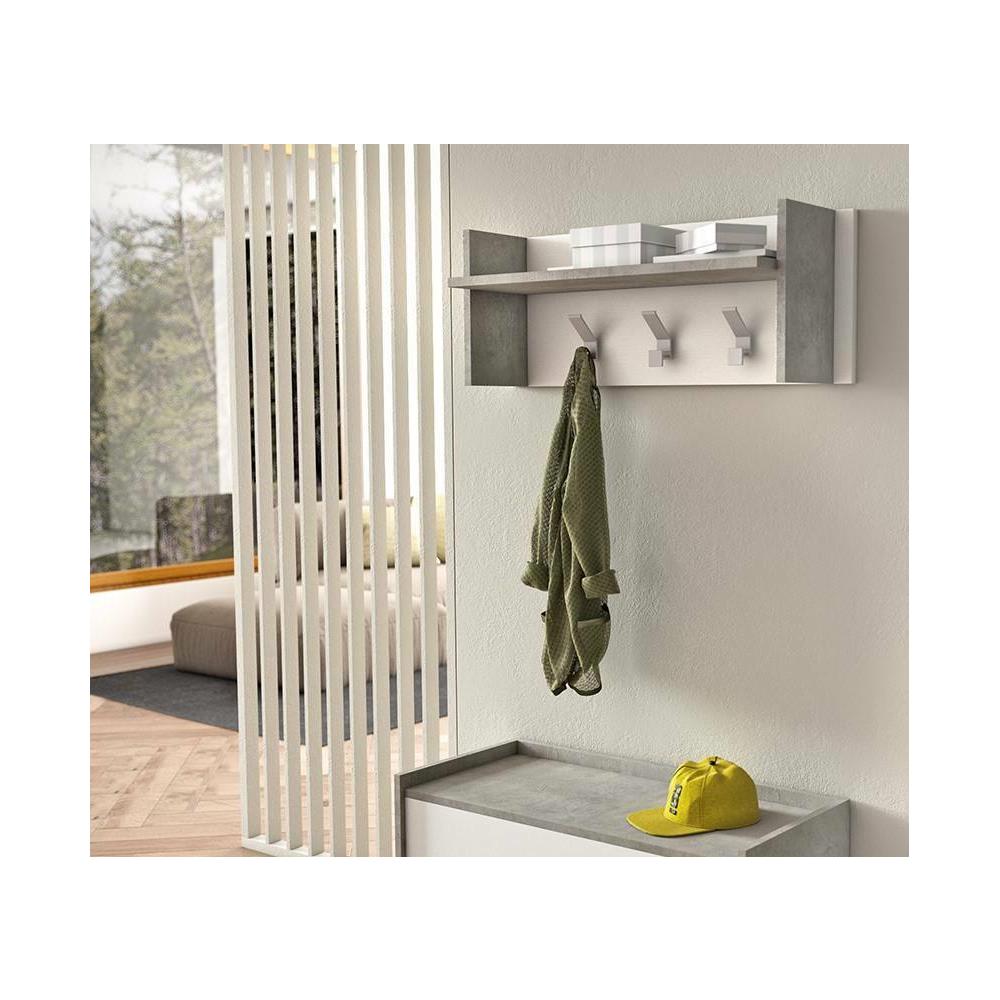 Mobile Da Ingresso Narciso, Mobile Appendiabiti Con 3 Ganci, Mensola Portaoggetti Da Ingresso, 100% Made In Italy, 90x29h34 Cm, Bianco E Cemento - Foto 1