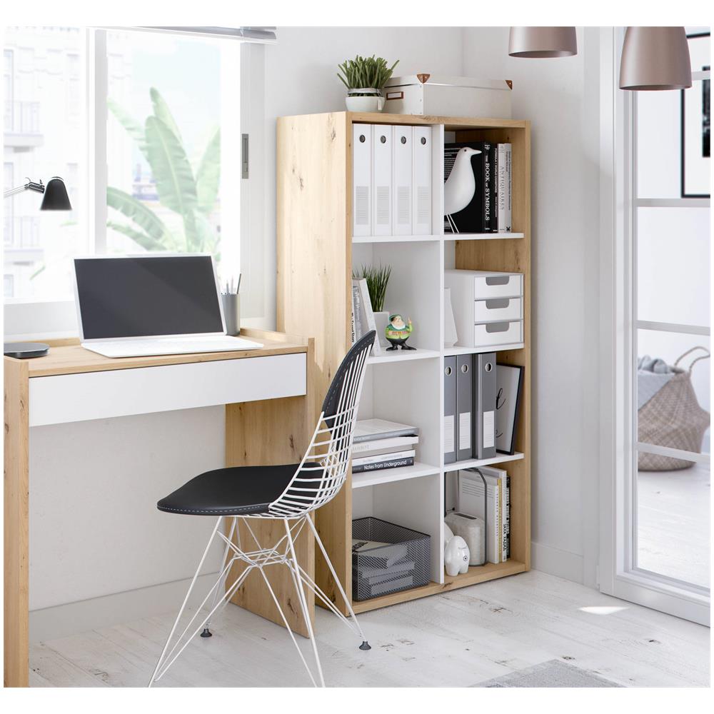 Libreria Sacramento, Mobile Portalibri Reversibile Con 8 Scomparti, Mobile Porta Tv Multiposizione, 72x33h137 Cm, Rovere Effetto Nodi E Bianco - Foto 1