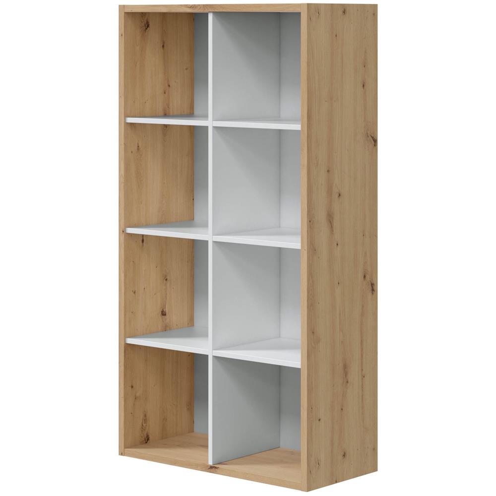 Libreria Sacramento, Mobile Portalibri Reversibile Con 8 Scomparti, Mobile Porta Tv Multiposizione, 72x33h137 Cm, Rovere Effetto Nodi E Bianco - Foto 2