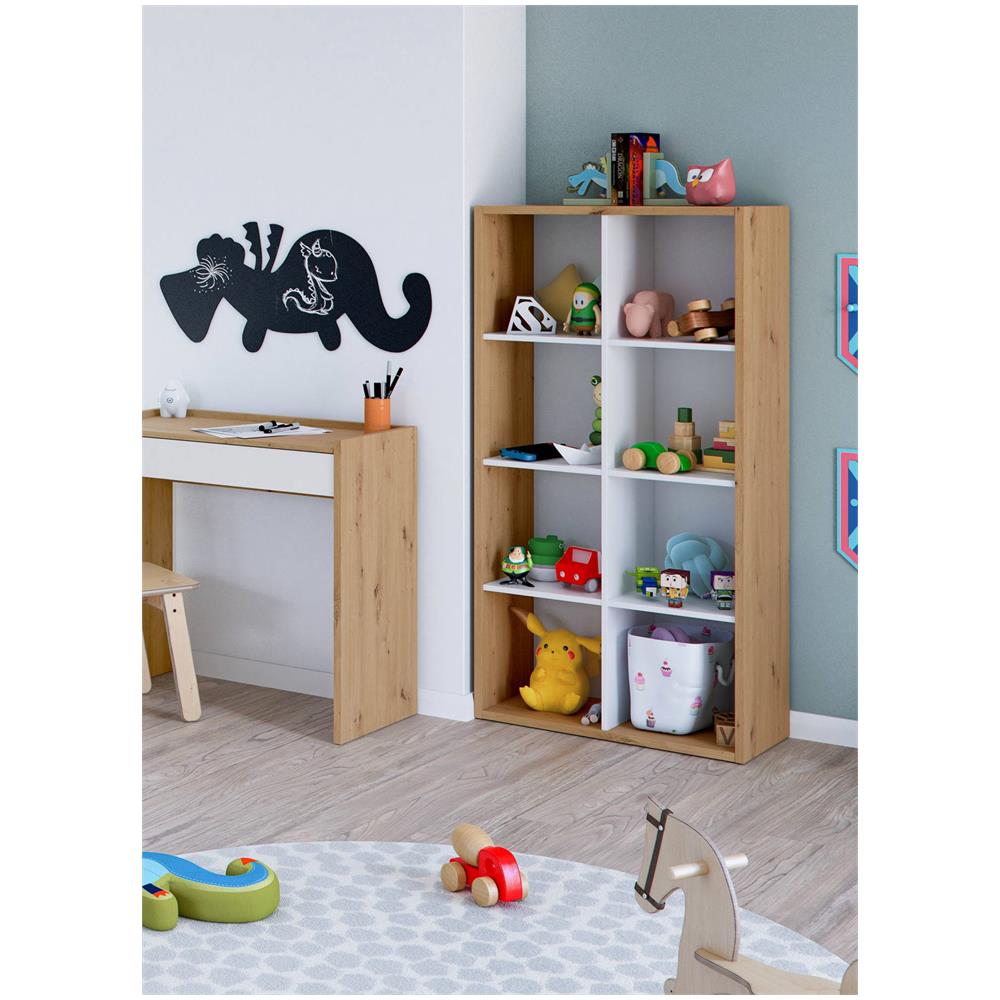 Libreria Sacramento, Mobile Portalibri Reversibile Con 8 Scomparti, Mobile Porta Tv Multiposizione, 72x33h137 Cm, Rovere Effetto Nodi E Bianco - Foto 4