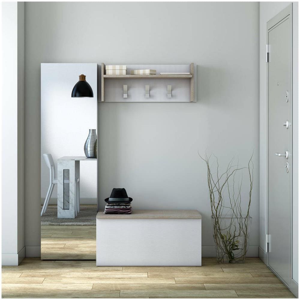 Mobile Da Ingresso Narciso, Mobile Appendiabiti Con 3 Ganci, Mensola Portaoggetti Da Ingresso, 100% Made In Italy, 90x29h34 Cm, Bianco E Rovere - Foto 1