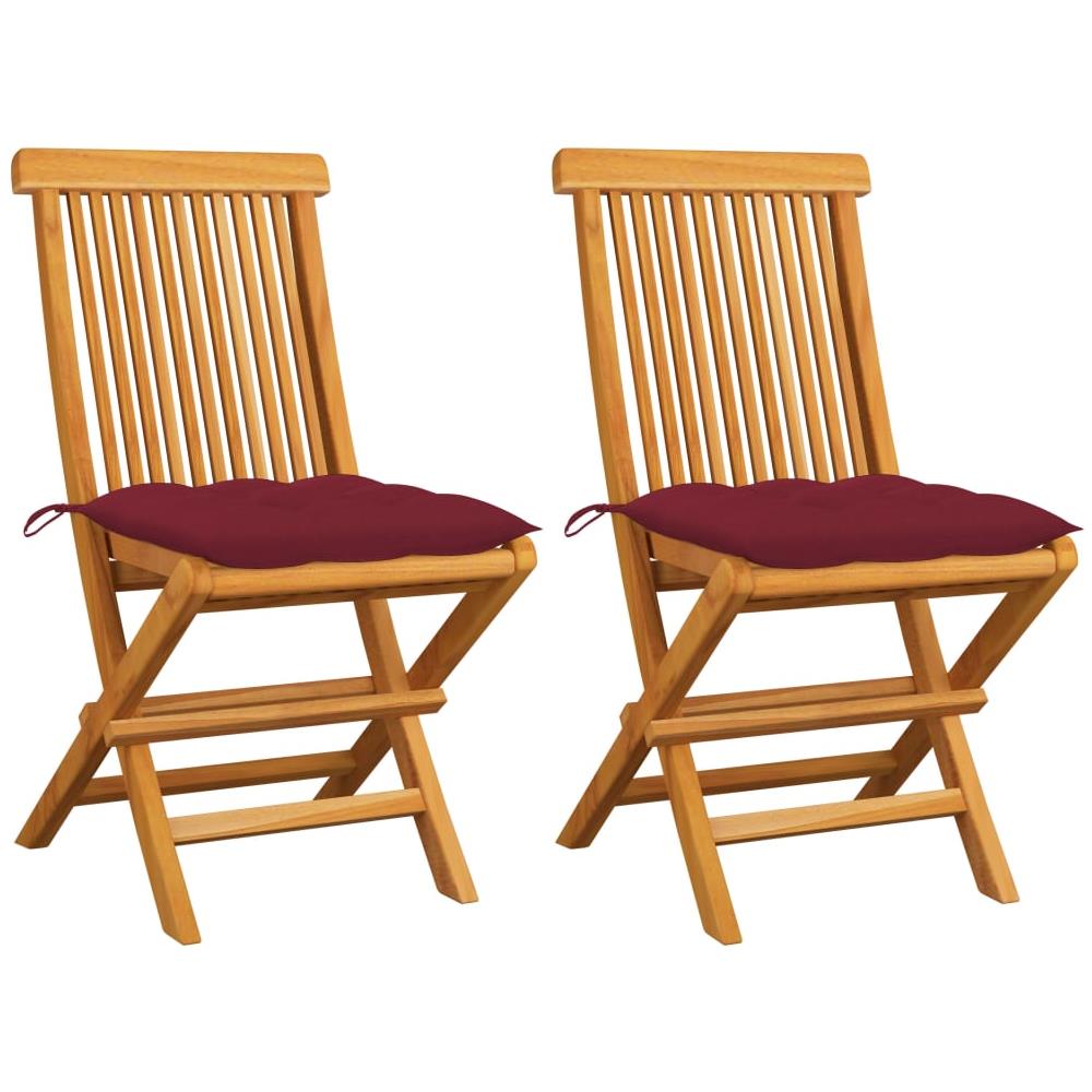 Sedie da Giardino con Cuscini Rosso Vino 2 pz Massello di Teak - Foto 1