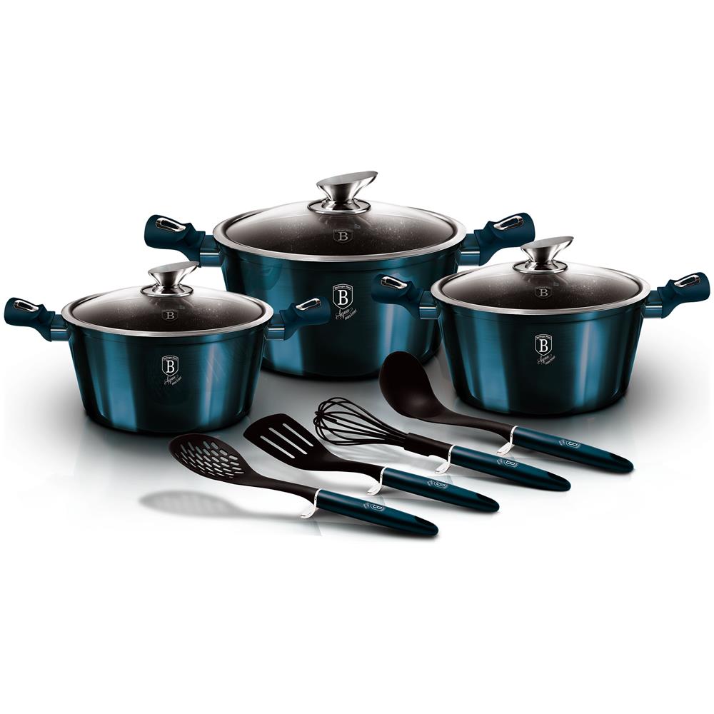 Aquamarine Set Di Pentole Induzione 10-piece Alluminio Antiaderente 3 Casseruoli 3 Coperchi Blu Marino - Foto 1