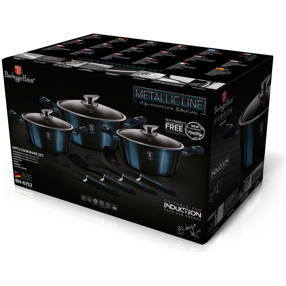 Aquamarine Set Di Pentole Induzione 10-piece Alluminio Antiaderente 3 Casseruoli 3 Coperchi Blu Marino - Foto 2