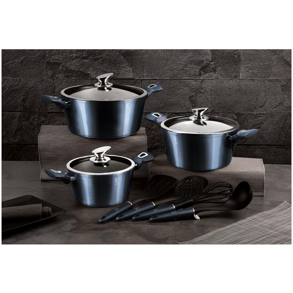 Aquamarine Set Di Pentole Induzione 10-piece Alluminio Antiaderente 3 Casseruoli 3 Coperchi Blu Marino - Foto 3