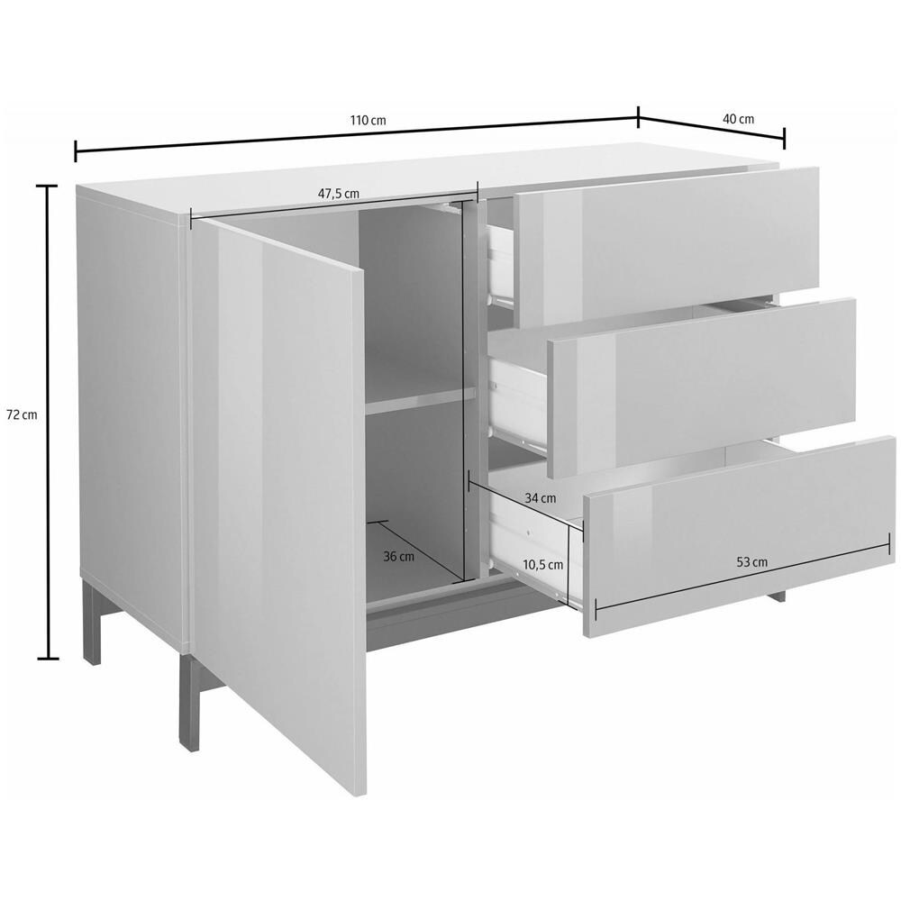Credenza Sebastiano, Madia Da Cucina A 1 Anta E 3 Cassetti, Buffet Da Soggiorno, 100% Made In Italy, Cm 110x40h47, Bianco Lucido - Foto 3