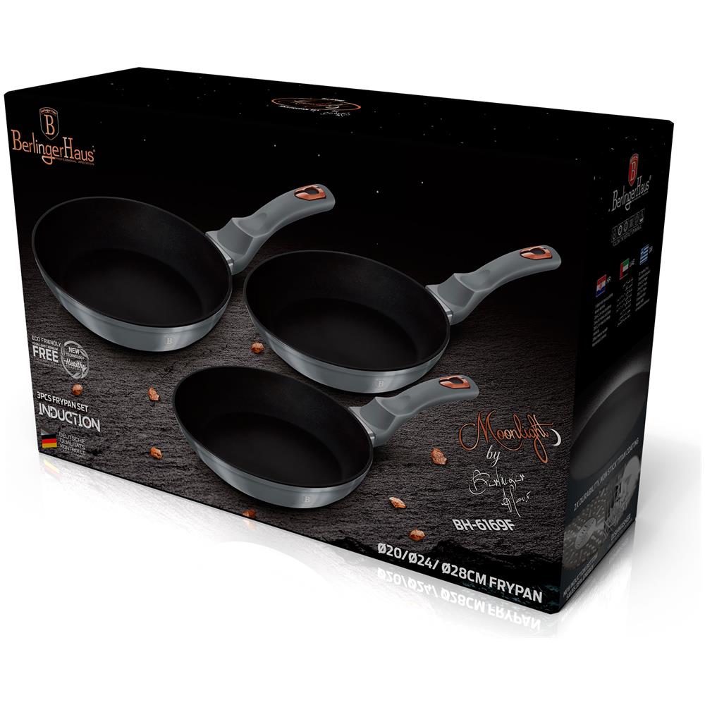 Moonlight Set Di 3 Padelle Induzione 20-24-28cm In Alluminio Antiaderente Titanio Grigio - Foto 2
