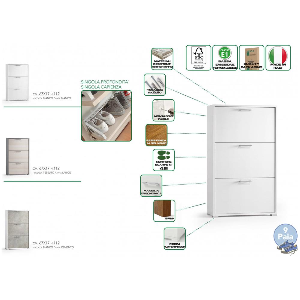 Scarpiera Iris, Mobile Multiuso Da Ingresso Con 3 Ante A Ribalta, Armadietto Portascarpe Moderno, 100% Made In Italy, 67x18h112 Cm, Bianco - Foto 4