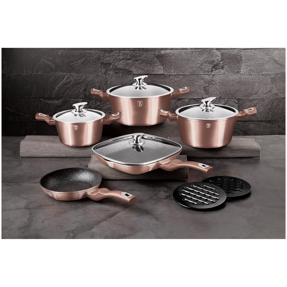 Rose Gold Set Pentole Induzione 11-piece Alluminio Antiaderente Casseruoli, Padella, Grill Oro Rosa - Foto 3