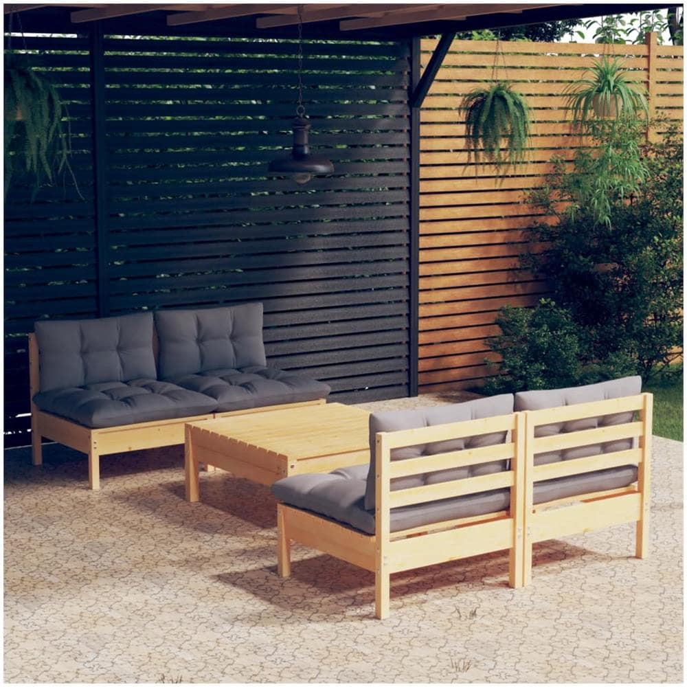 Set Divani Da Giardino 5 Pz Con Cuscini Grigi Massello Di Pino - Foto 1