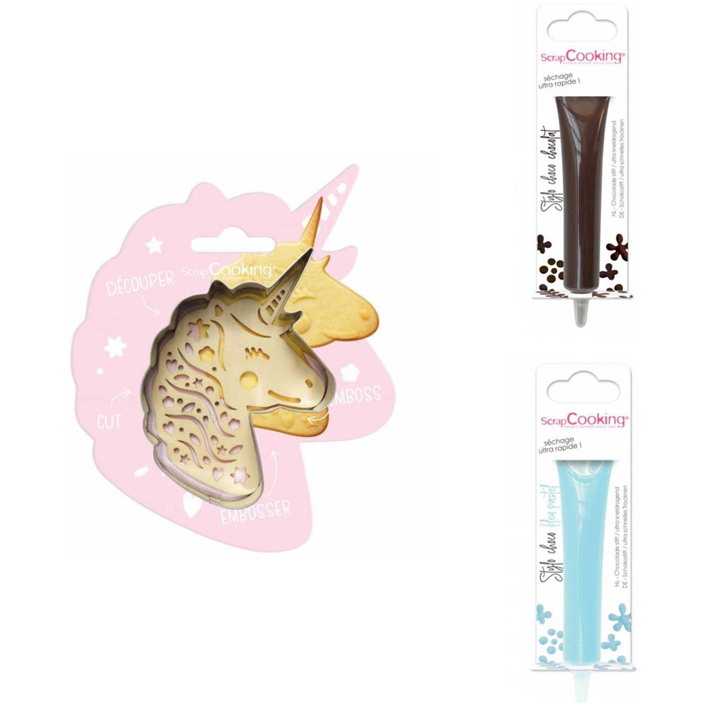 Kit Biscotti Unicorno + 2 Penne Al Cioccolato Marrone E Blu - Foto 1