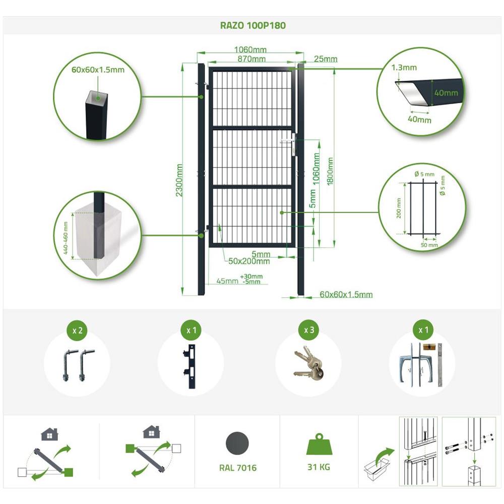 Cancello Per Recinzione In Rete Razo 100p180 Grigio - Foto 8