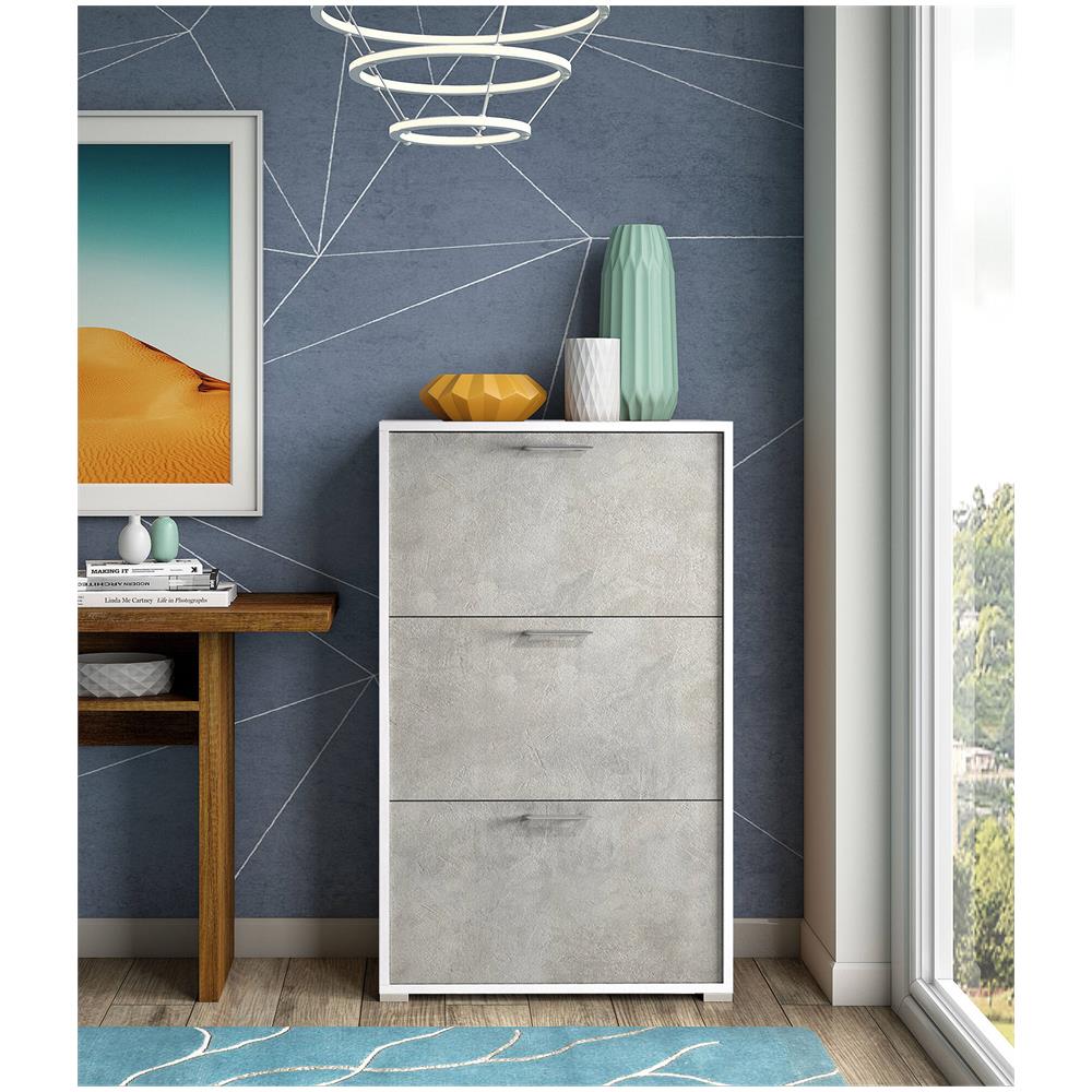 Scarpiera Iris, Mobile Multiuso Da Ingresso Con 3 Ante A Ribalta, Armadietto Portascarpe Moderno, 100% Made In Italy, 67x18h112 Cm, Bianco E Cemento - Foto 1