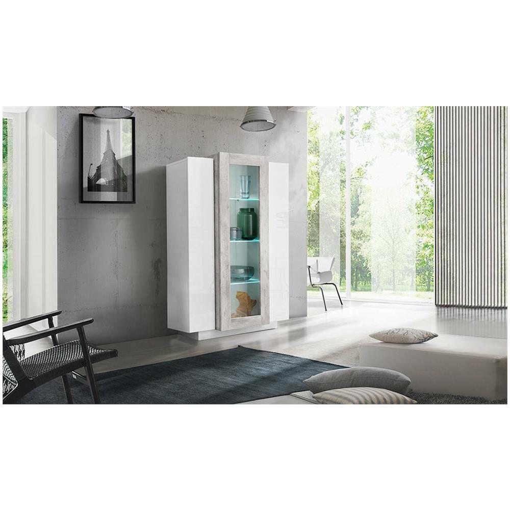 Vetrina Kevin, Credenza Con Tre Ante, Mobile Da Soggiorno Multiuso, 100% Made In Italy, Cm 80x38h121, Bianco Lucido E Cemento - Foto 1