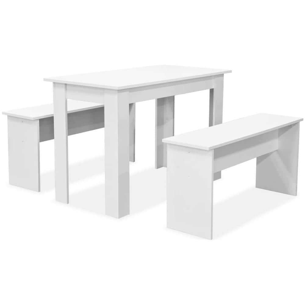 Tavolo da Pranzo e Panche 3 pz in Legno Multistrato Bianco - Foto 2