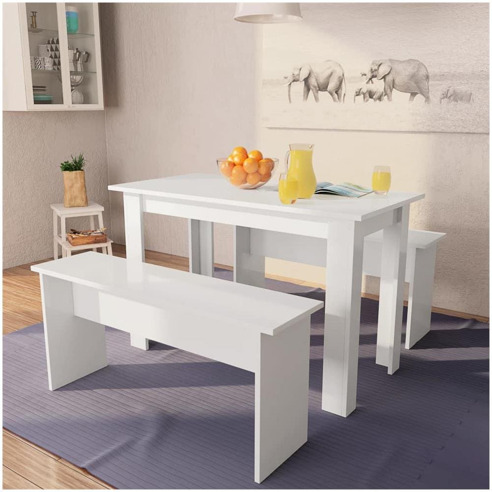 Tavolo da Pranzo e Panche 3 pz in Legno Multistrato Bianco - Foto 1