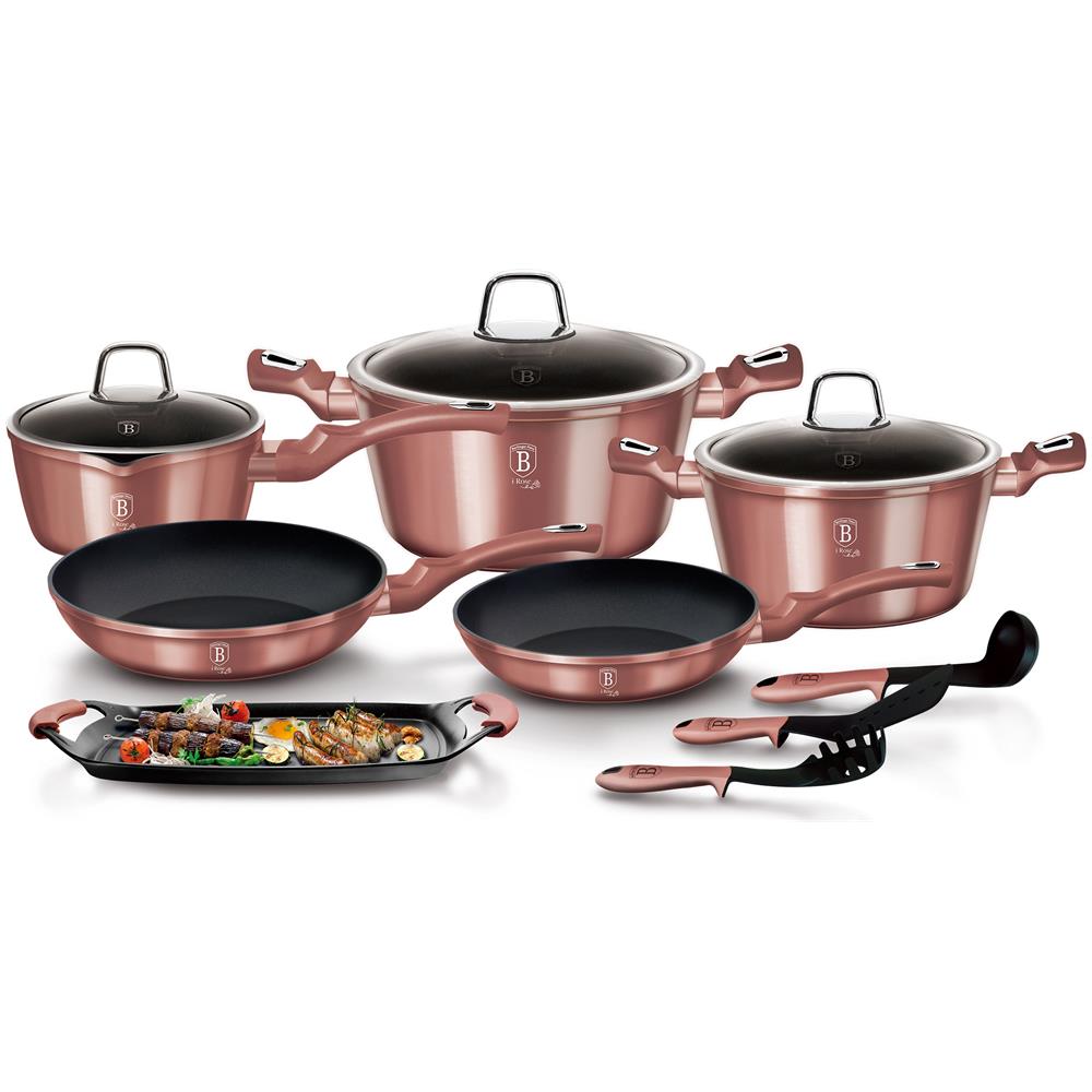I-rose Set Pentole Induzione 12-pcs Alluminio Antiaderente Casseruoli Padelle Piastra Rosa - Foto 1