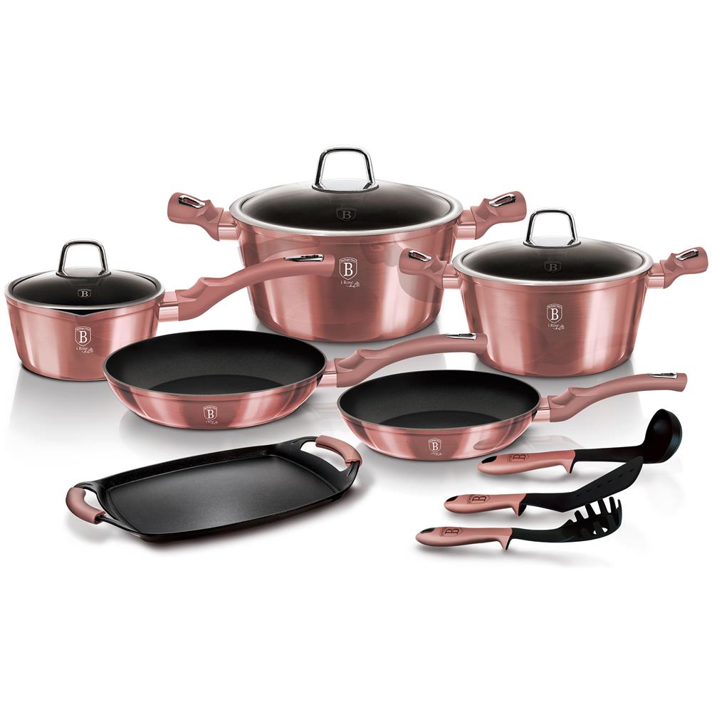 I-rose Set Pentole Induzione 12-pcs Alluminio Antiaderente Casseruoli Padelle Piastra Rosa - Foto 2