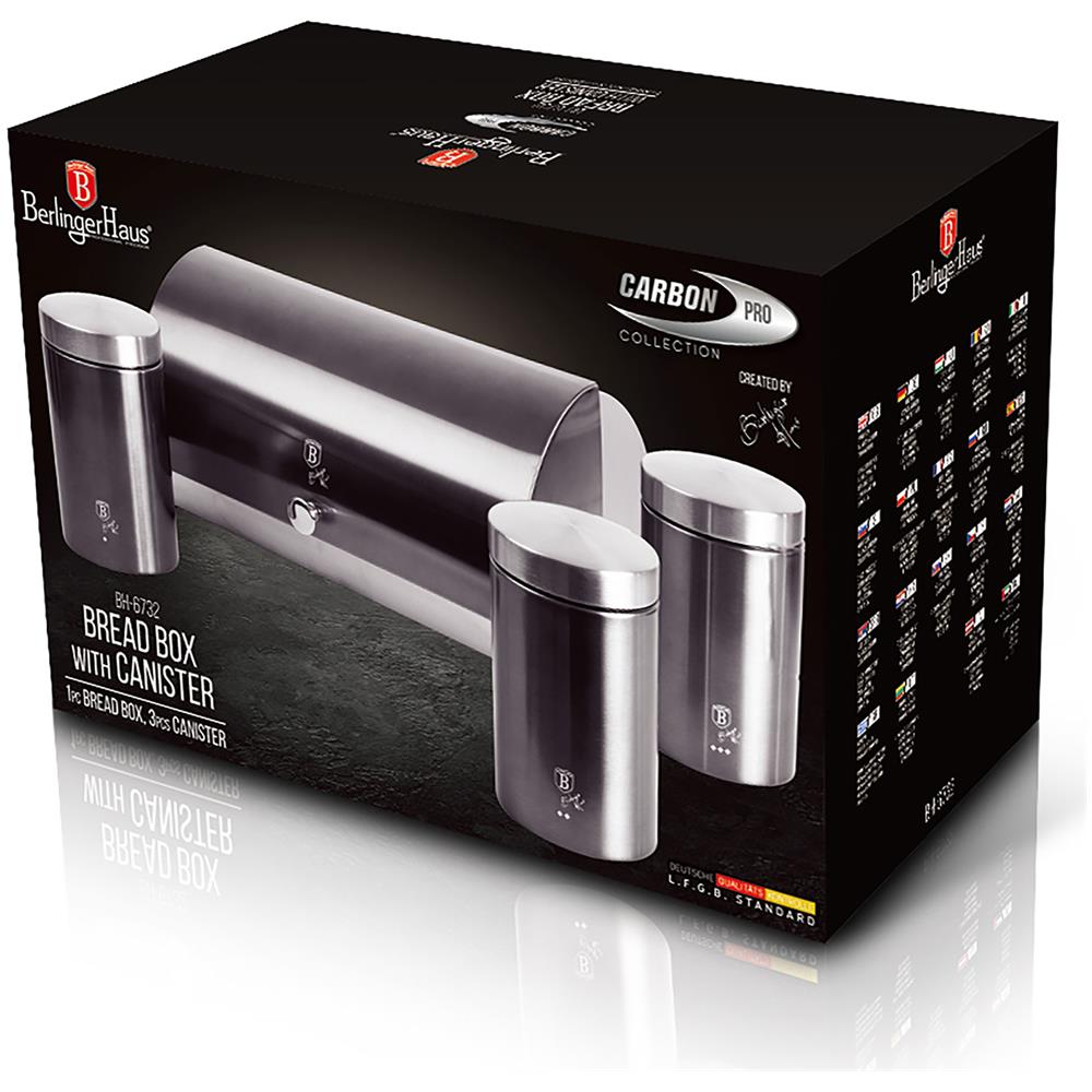 Carbon Pro Set Di Portapane + 3 Barattoli Da Cucina Acciaio Inox Design Moderno, Coperchio Grigio Scuro / Inox - Foto 6