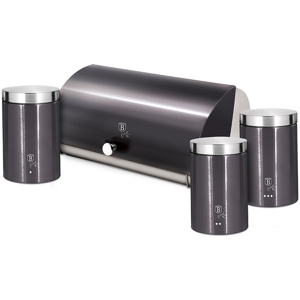 Carbon Pro Set Di Portapane + 3 Barattoli Da Cucina Acciaio Inox Design Moderno, Coperchio Grigio Scuro / Inox - Foto 1