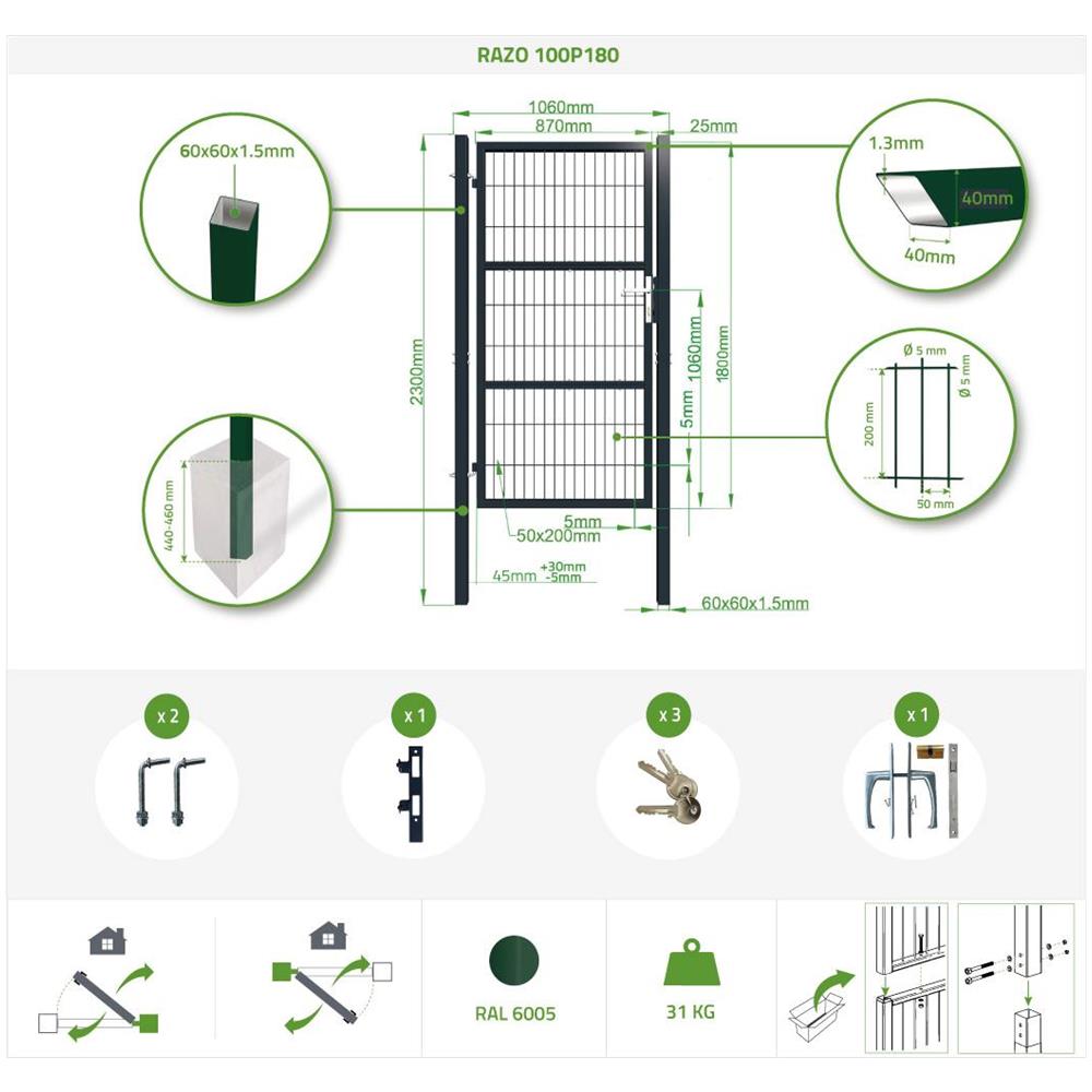 Cancello Per Recinzione In Rete Razo 100p180 Verde - Foto 8