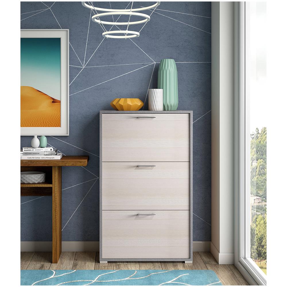 Scarpiera Iris, Mobile Multiuso Da Ingresso Con 3 Ante A Ribalta, Armadietto Portascarpe Moderno, 100% Made In Italy, 67x18h112 Cm, Larice - Foto 1