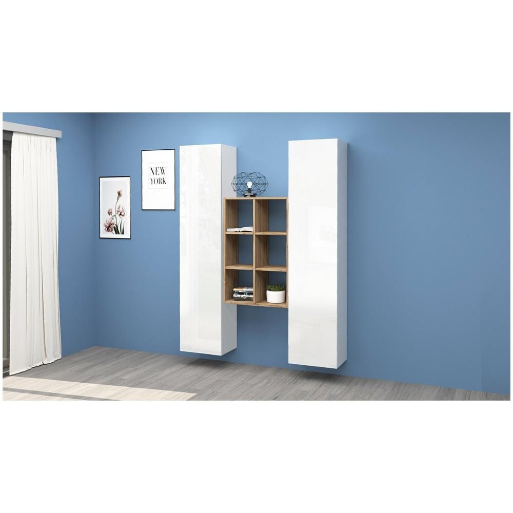Credenza Franco, Set Da Soggiorno A 2 Ante E Ripiani, Buffet Da Soggiorno, Madia Da Cucina, 100% Made In Italy, Cm 140x30h180, Bianco Lucido E Acero - Foto 1