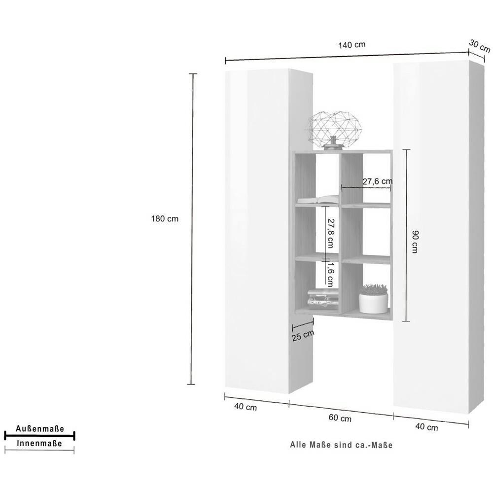 Credenza Franco, Set Da Soggiorno A 2 Ante E Ripiani, Buffet Da Soggiorno, Madia Da Cucina, 100% Made In Italy, Cm 140x30h180, Bianco Lucido E Acero - Foto 2