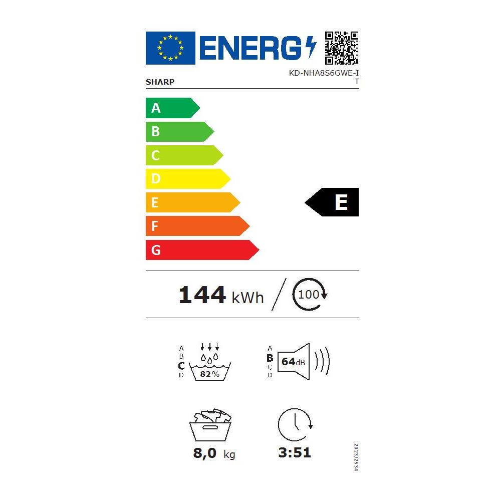 Sharp KD-NHA8S6GWE, Libera installazione, Caricamento frontale, Pompa di calore, Bianco, Pulsanti, Manopola, Bianco - Foto 2