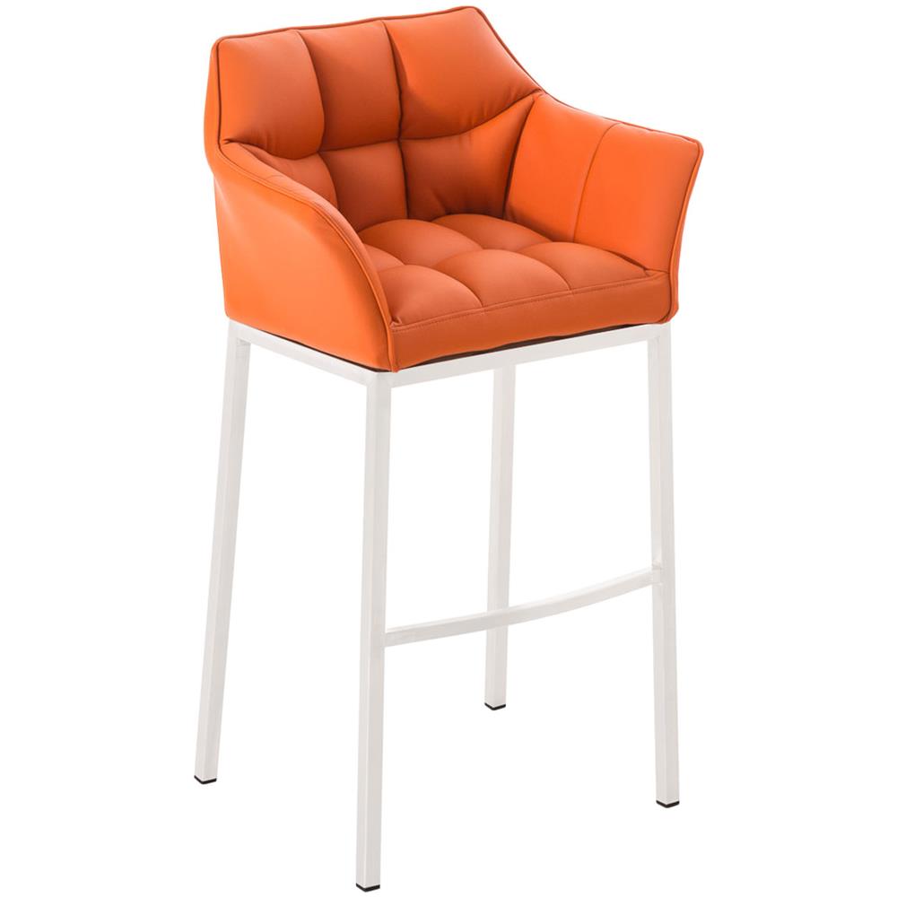Sgabello Alto Bar DAMASO in Similpelle - Sedia Sgabello con Braccioli e Schienale Imbottiti e Poggiapiedi l Sgabello Fisso Bar Cucina Pub in Acciaio - H 83 cm Arancione Bianco - Foto 1
