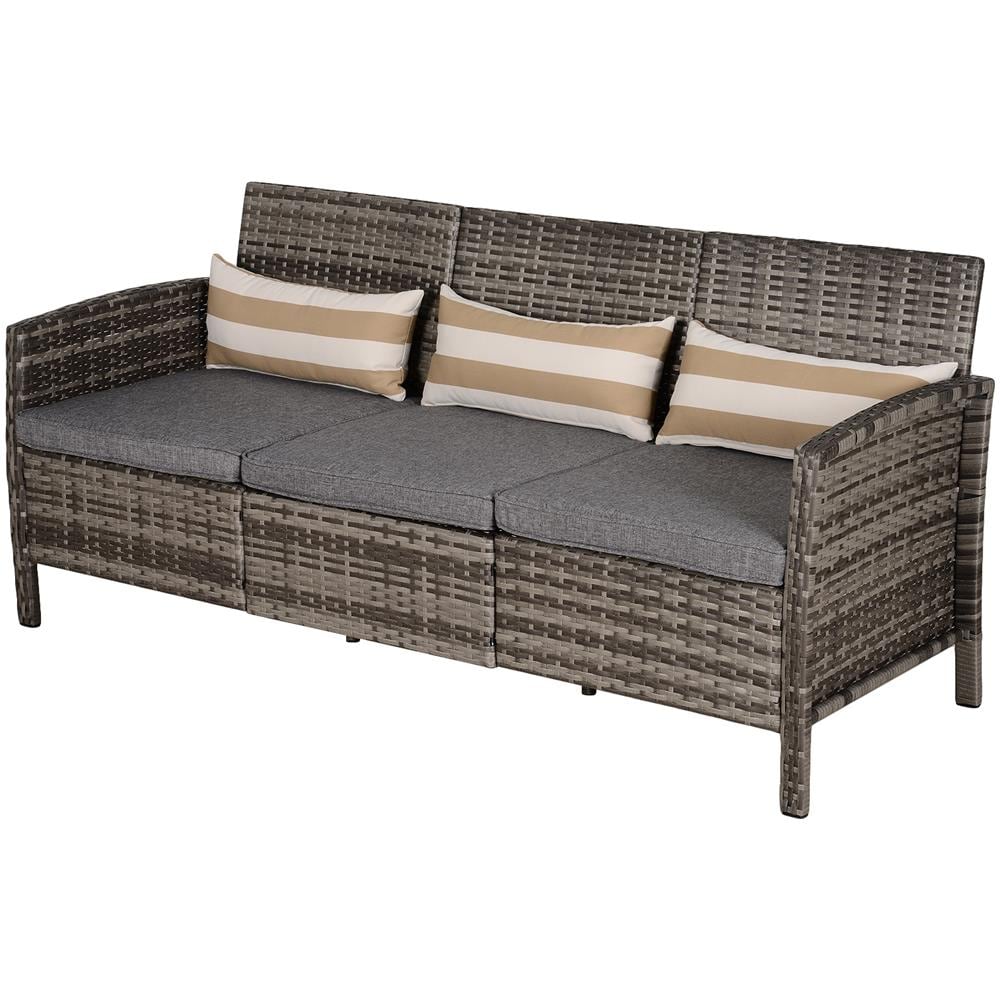 Divano 3 Posti Da Esterni In Pe Rattan Con Cuscini A Righe Grigio 173x68x78cm - Foto 2