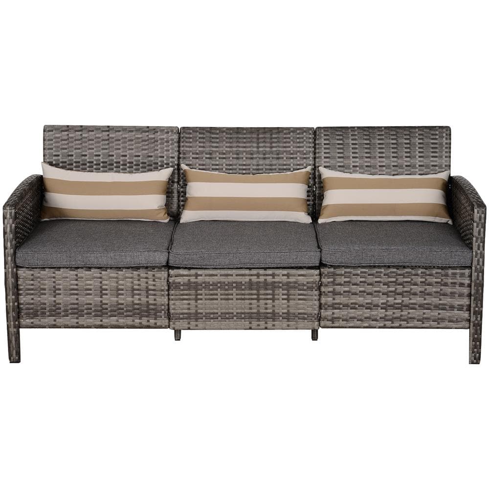 Divano 3 Posti Da Esterni In Pe Rattan Con Cuscini A Righe Grigio 173x68x78cm - Foto 1