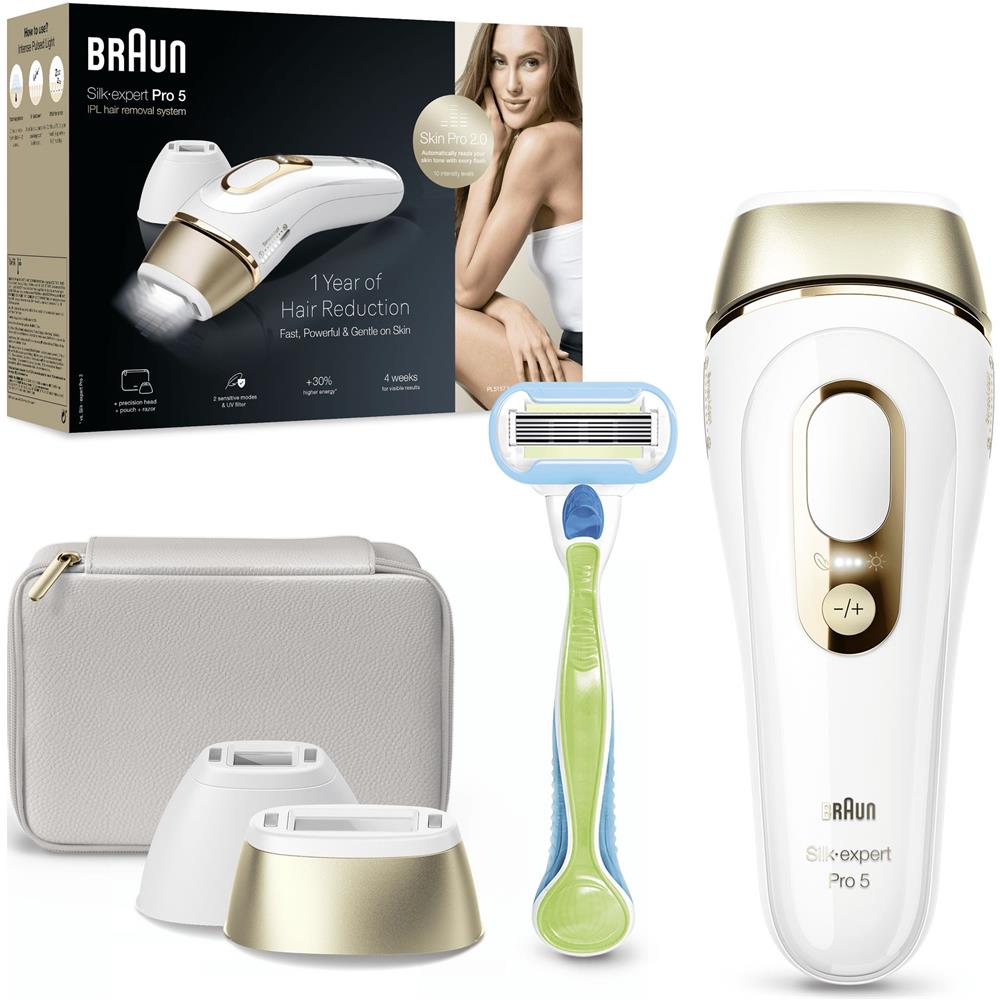 Epilatore Luce Pulsata (IPL) Silk-Expert Pro 5, Custodia, Rasoio Donna Venus, 2 Testine, PL5152 Colore Bianco /oro - Foto 9