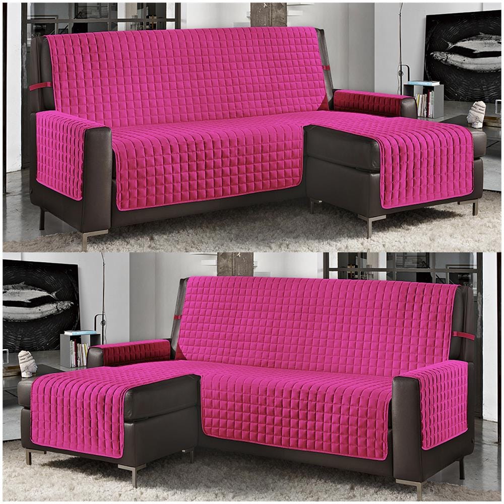 Copridivano Con Penisola Destra / sinistra Trapuntato Tinta Unita Antimacchia Reversibile 4 Posti Fuxia - Foto 1