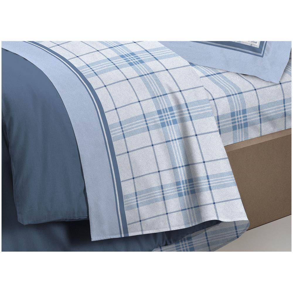 Completo Lenzuola Flanella 100% Cotone Disegno Torino A Quadri Rigato Singolo Azzurro - Foto 2