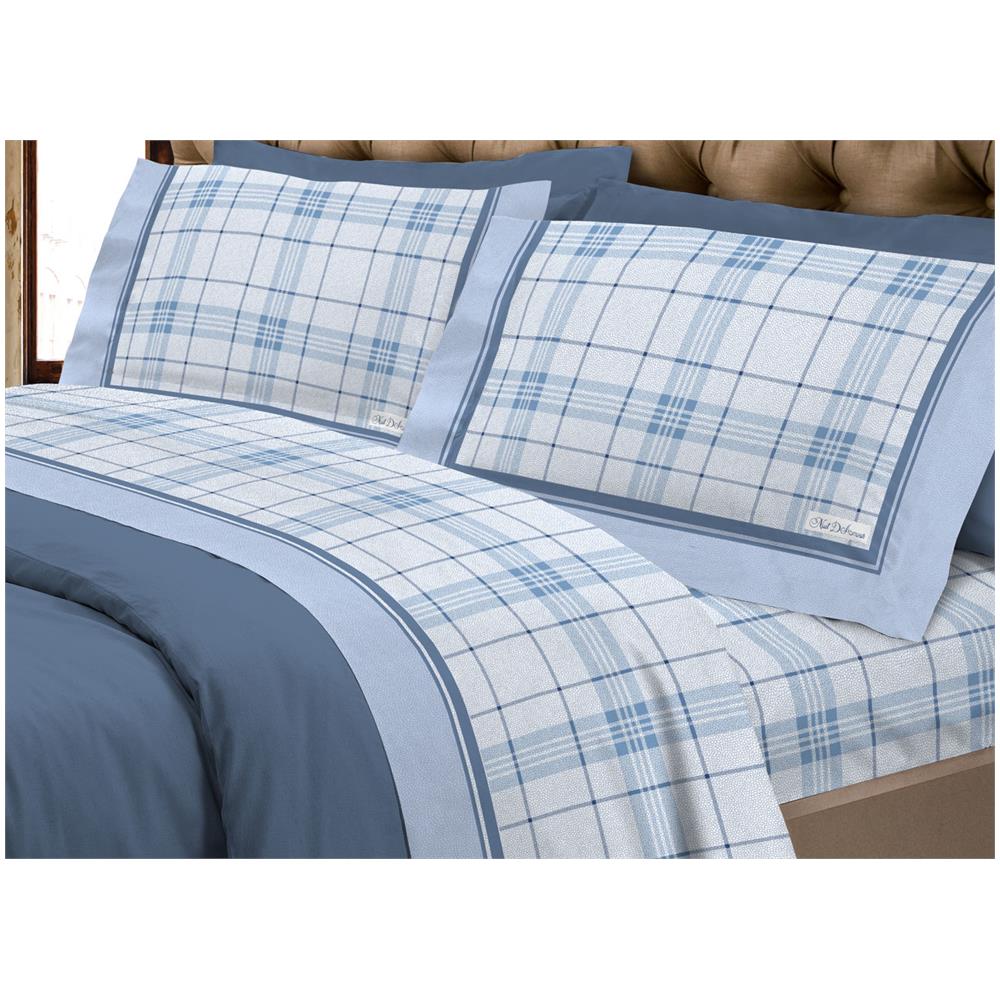 Completo Lenzuola Flanella 100% Cotone Disegno Torino A Quadri Rigato Singolo Azzurro - Foto 1