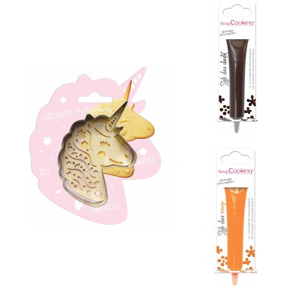 Kit Biscotti Unicorno + 2 Penne Al Cioccolato Marrone E Arancione - Foto 1