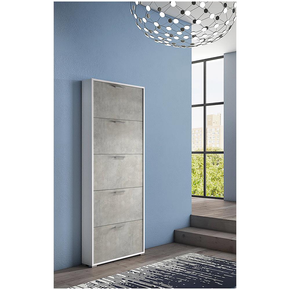 Scarpiera Margherita, Mobile Multiuso Da Ingresso Con 5 Ante A Ribalta, Armadietto Portascarpe Moderno, 100% Made In Italy, 67x18h184 Cm, Cemento E Bianco - Foto 1