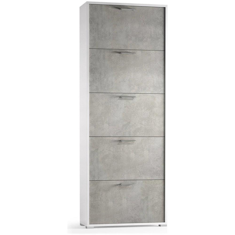 Scarpiera Margherita, Mobile Multiuso Da Ingresso Con 5 Ante A Ribalta, Armadietto Portascarpe Moderno, 100% Made In Italy, 67x18h184 Cm, Cemento E Bianco - Foto 2