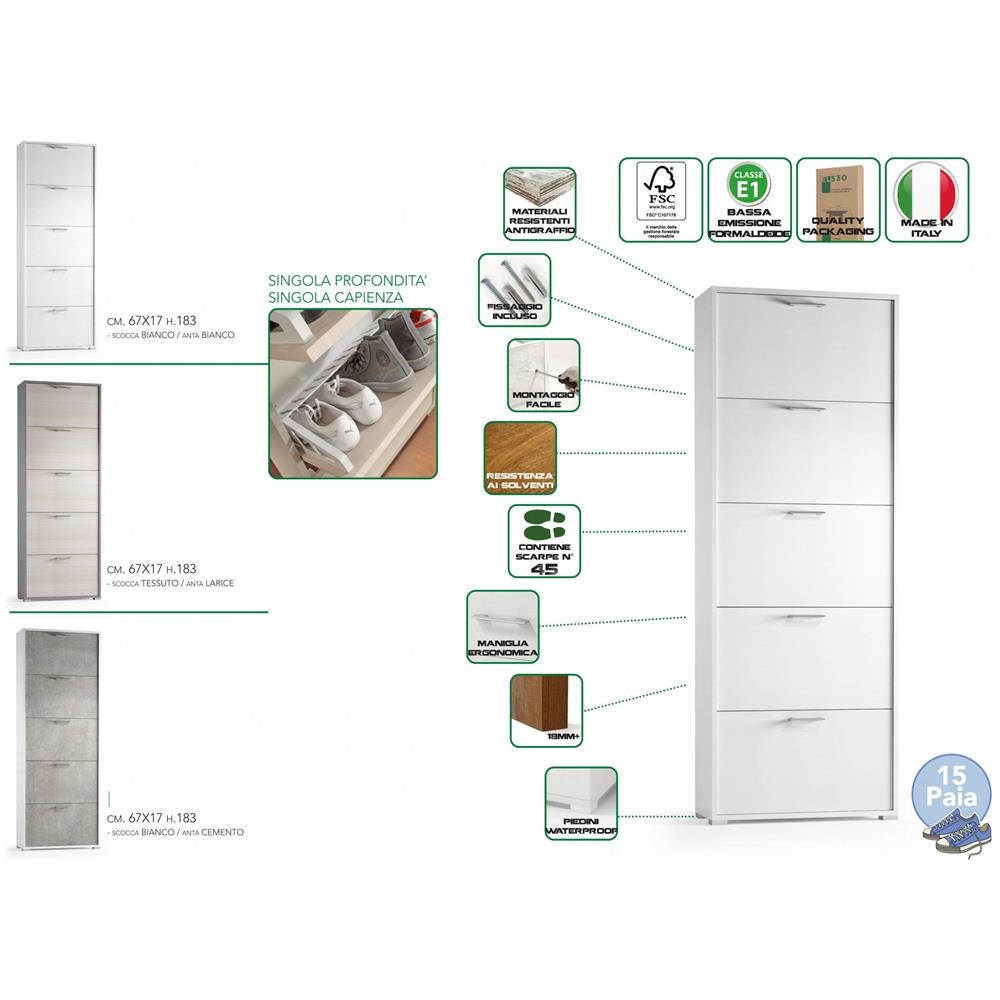 Scarpiera Margherita, Mobile Multiuso Da Ingresso Con 5 Ante A Ribalta, Armadietto Portascarpe Moderno, 100% Made In Italy, 67x18h184 Cm, Cemento E Bianco - Foto 4