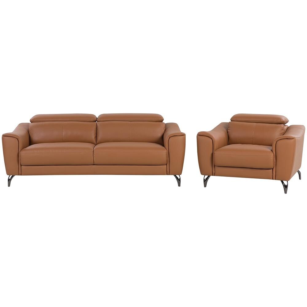 Set Divano E Poltrona In Pelle Marrone Dorato Narwik - Foto 1