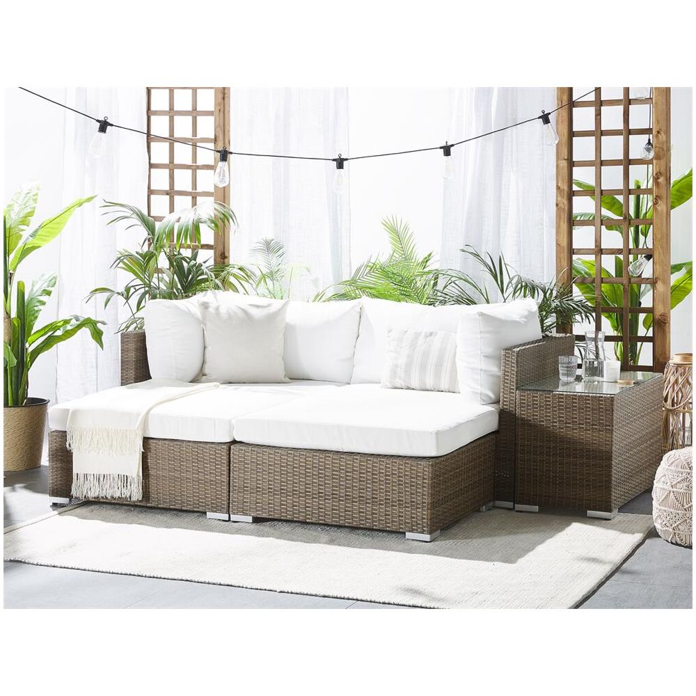 Set Da Salotto A 2 Posti In Rattan Marrone Chiaro Con Cuscini Bianco Crema Noto - Foto 2