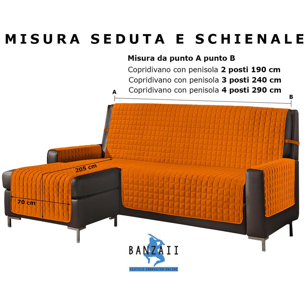 Copridivano Con Penisola Destra / sinistra Trapuntato Tinta Unita Antimacchia Reversibile 3 Posti Arancio - Foto 2