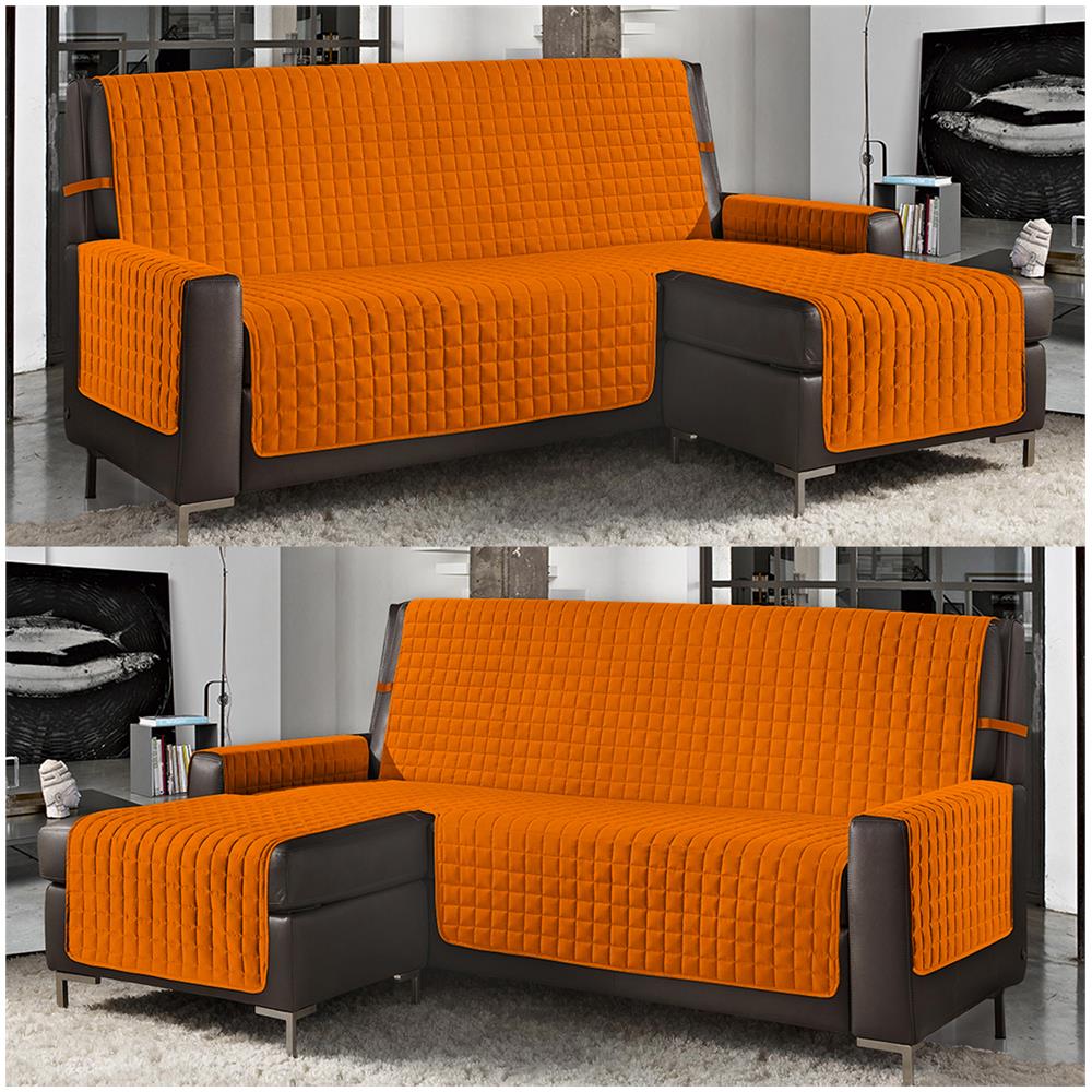Copridivano Con Penisola Destra / sinistra Trapuntato Tinta Unita Antimacchia Reversibile 3 Posti Arancio - Foto 1