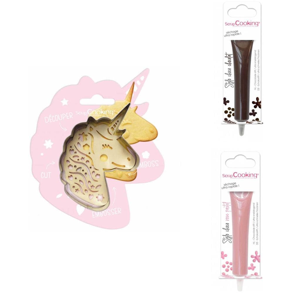 Kit Biscotti Unicorno + 2 Penne Al Cioccolato Pastello Marrone E Rosa - Foto 1