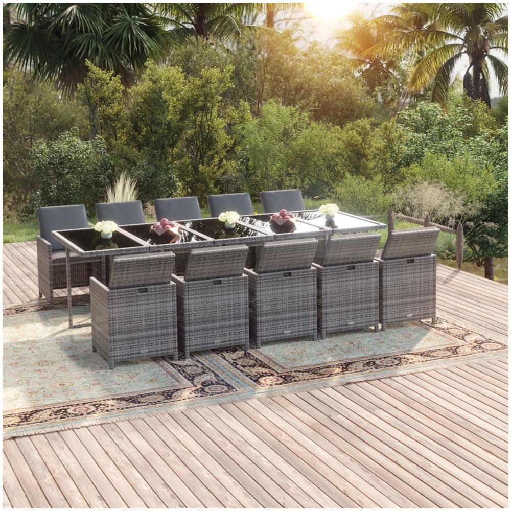 Set Da Pranzo Per Giardino 11pz Con Cuscini Polyrattan Grigio - Foto 1